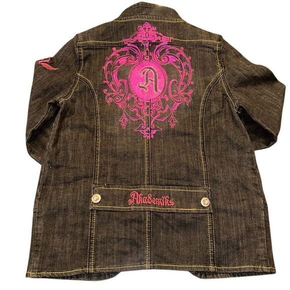 Akademiks Logo Jean Painted Jacket “A” Sz 14, pink embroidered, rose, sparkle - Picture 7 of 11